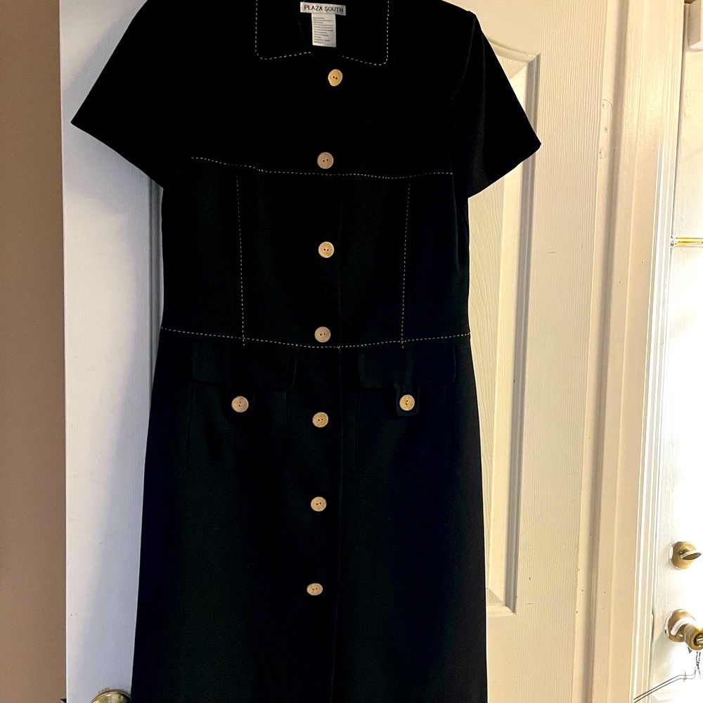 EUC Plaza South black dress topstitched in tan.  Fully lined. Padded shoulders.